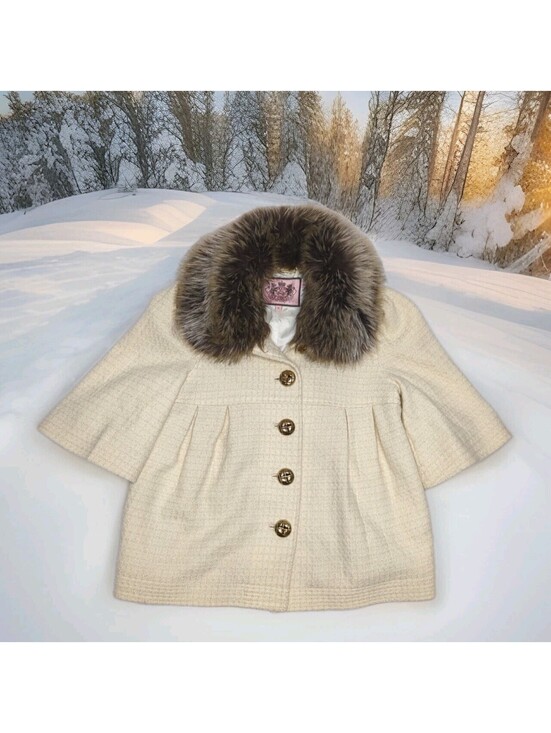 Juicy Couture Jackets & Blazers - Juicy Couture Wool Coat Formal Jacket Fur Collar Cropped Sleeve White Car Small